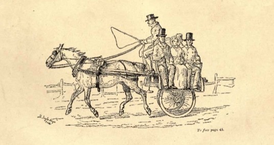 A vintage black-and-white illustration showing a horse pulling a cart with five people seated. The driver, wearing a top hat, is holding a whip, while the passengers, dressed in old-fashioned clothes, sit closely together on the cart.