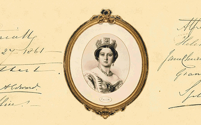 An ornate frame with a black-and-white portrait of a woman wearing a crown and regal attire is centered on a vintage document background decorated with cursive handwriting and signatures.