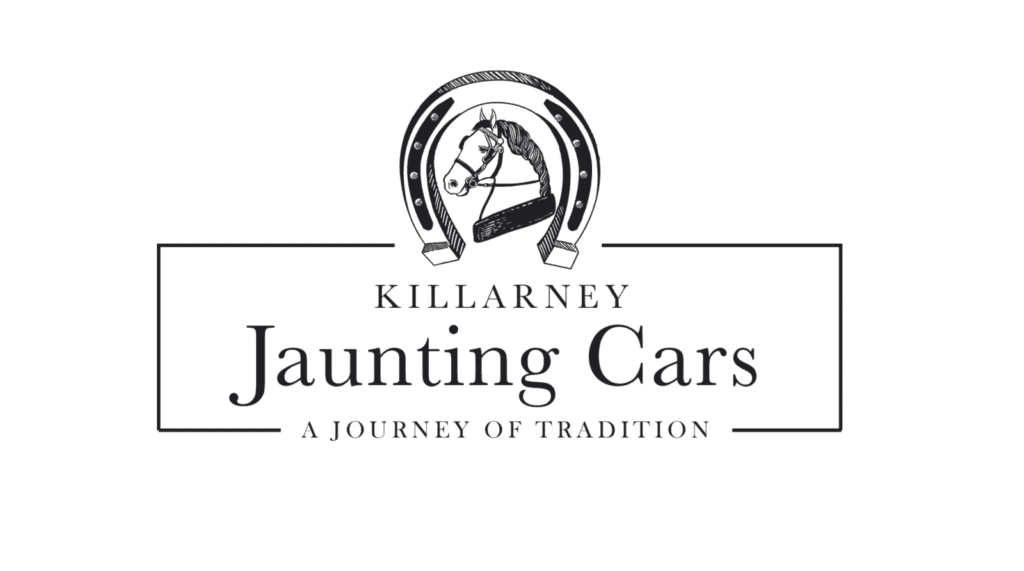 Logo of Killarney Jaunting Cars featuring a horseshoe with a horse and rider silhouette inside. Text below reads, "Killarney Jaunting Cars: A Journey of Tradition.