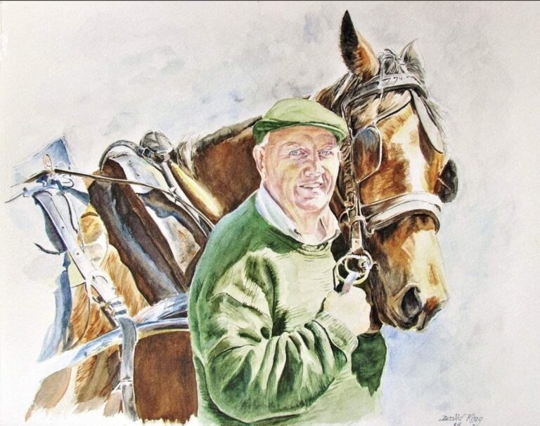 A watercolor painting of an elderly man in a green sweater and cap standing beside a brown horse with a harness. The man is smiling and gently holding the horse's bridle. The background is a soft, light texture.