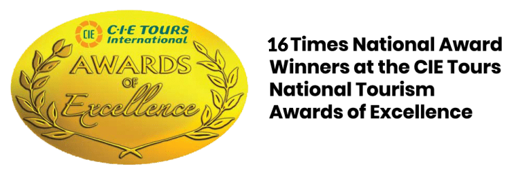 Gold oval badge with "AWARDS OF Excellence" and "CIE Tours International" logo. Text beside reads: "16 Times National Award Winners at the CIE Tours National Tourism Awards of Excellence.