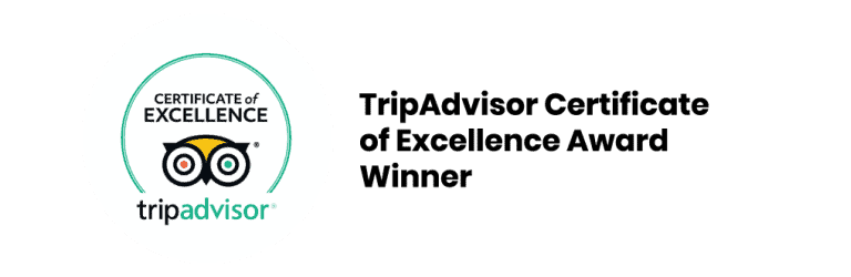 A TripAdvisor Certificate of Excellence logo is shown on a white circle, featuring an owl with green and orange eyes. To the right, text reads "TripAdvisor Certificate of Excellence Award Winner.