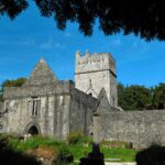 Stone abbey with tower, framed by trees against a blue sky.