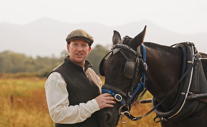 Man in flat cap with horse in grassy field.