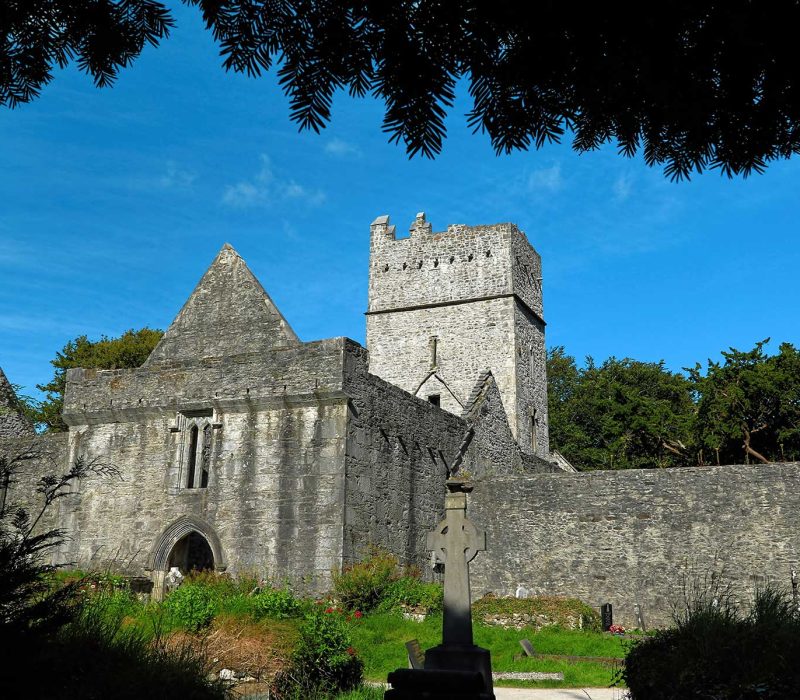 Stone abbey with tower, framed by trees against a blue sky.